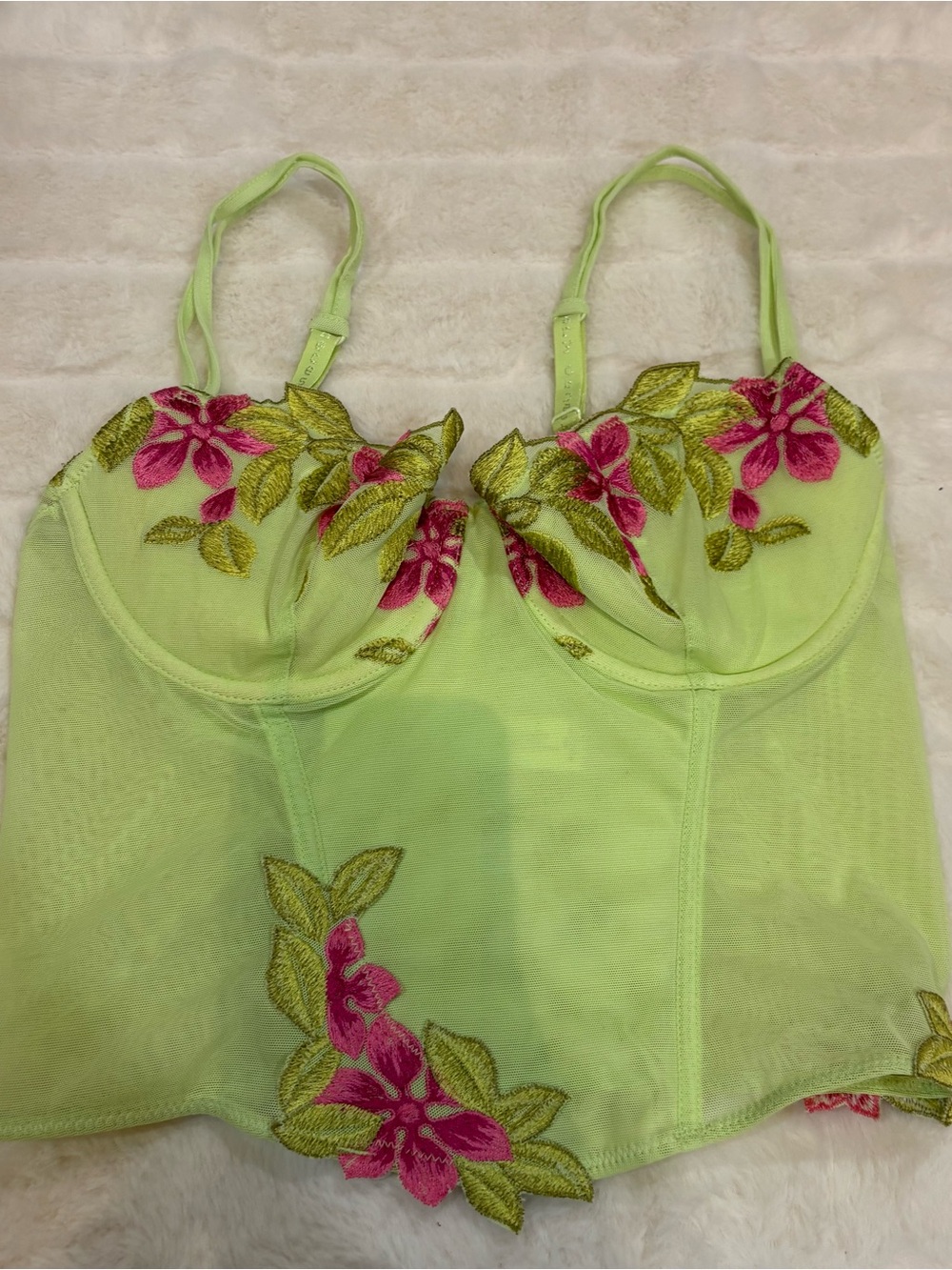 Vintage Lime Green Floral Embroidered Bustier Camisole